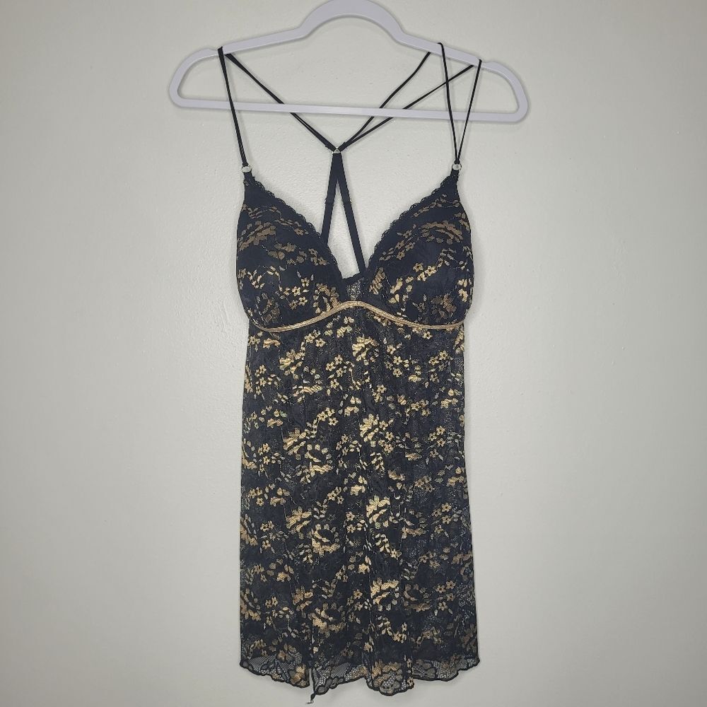 Lilac + London Black Gold Mesh Semi Sheer Floral Babydoll Top With Thong NWT Xl